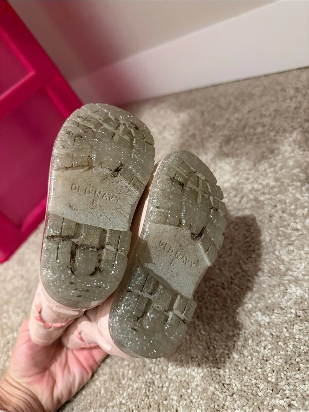 Old Navy Pink Cat Rain Boots with Glitter Pull Handles